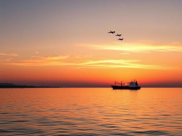 Flick International Serene landscape of the Red Sea at sunset with calm waters and an unoccupied cargo ship symbolizing maritime freedom.