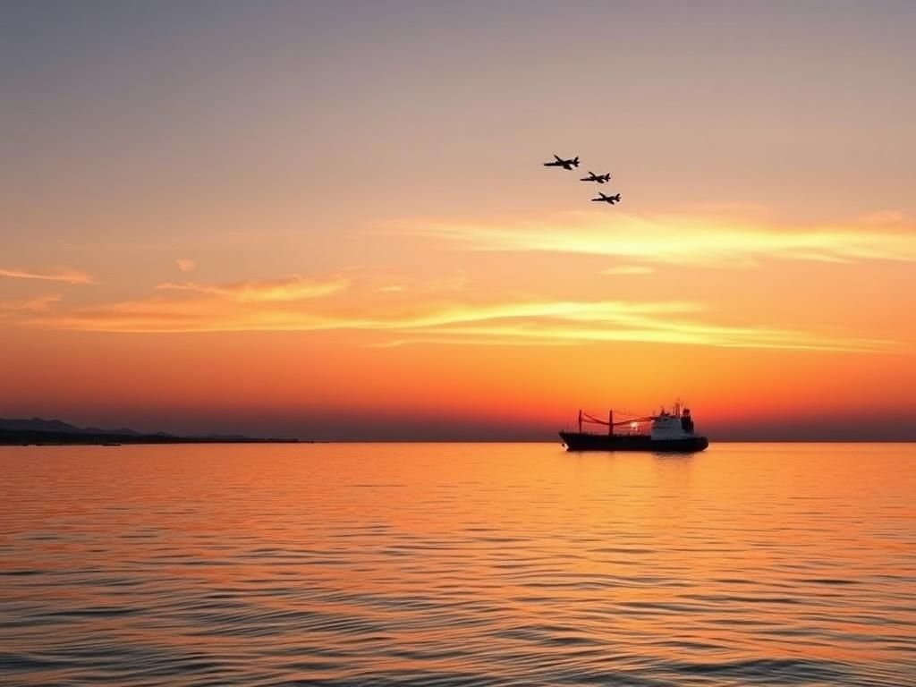 Flick International Serene landscape of the Red Sea at sunset with calm waters and an unoccupied cargo ship symbolizing maritime freedom.
