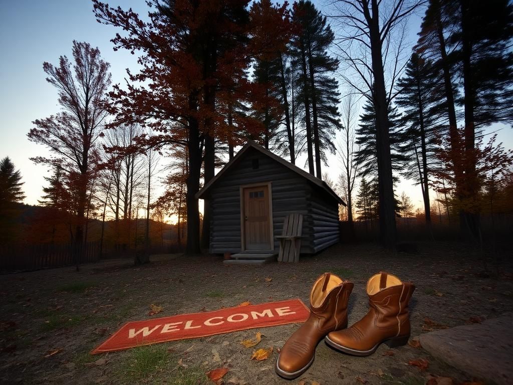 Flick International Rustic cabin in woodland clearing with autumn leaves and welcome mat