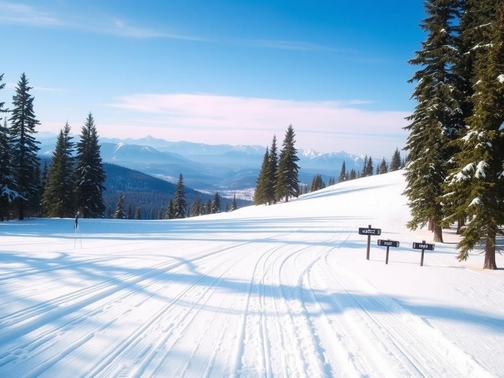 Flick International A serene snow-covered ski slope with ski tracks and pine trees