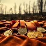 Flick International Collection of Olympic medals on dark velvet cloth with wildfire remnants
