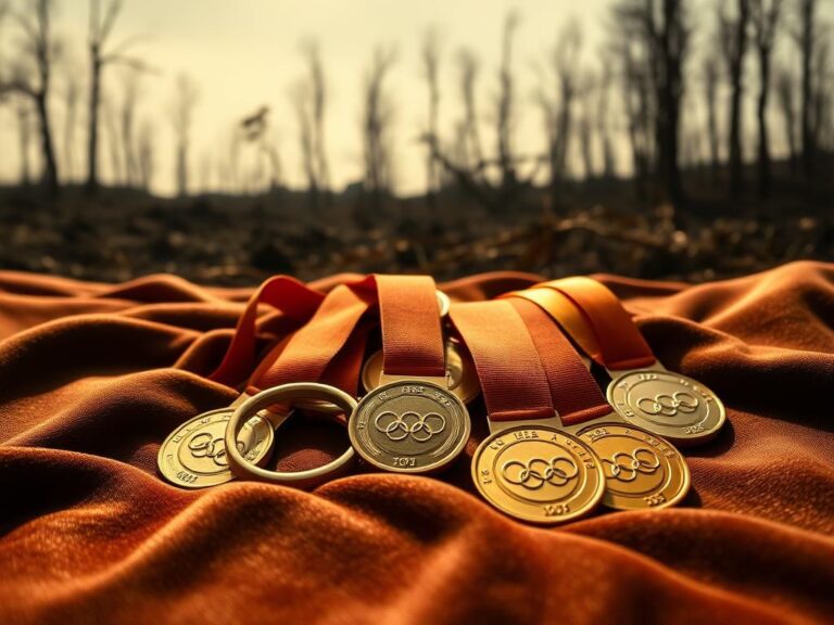 Flick International Collection of Olympic medals on dark velvet cloth with wildfire remnants