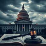 Flick International somber depiction of the U.S. Capitol under a cloudy sky with a gavel on a law book