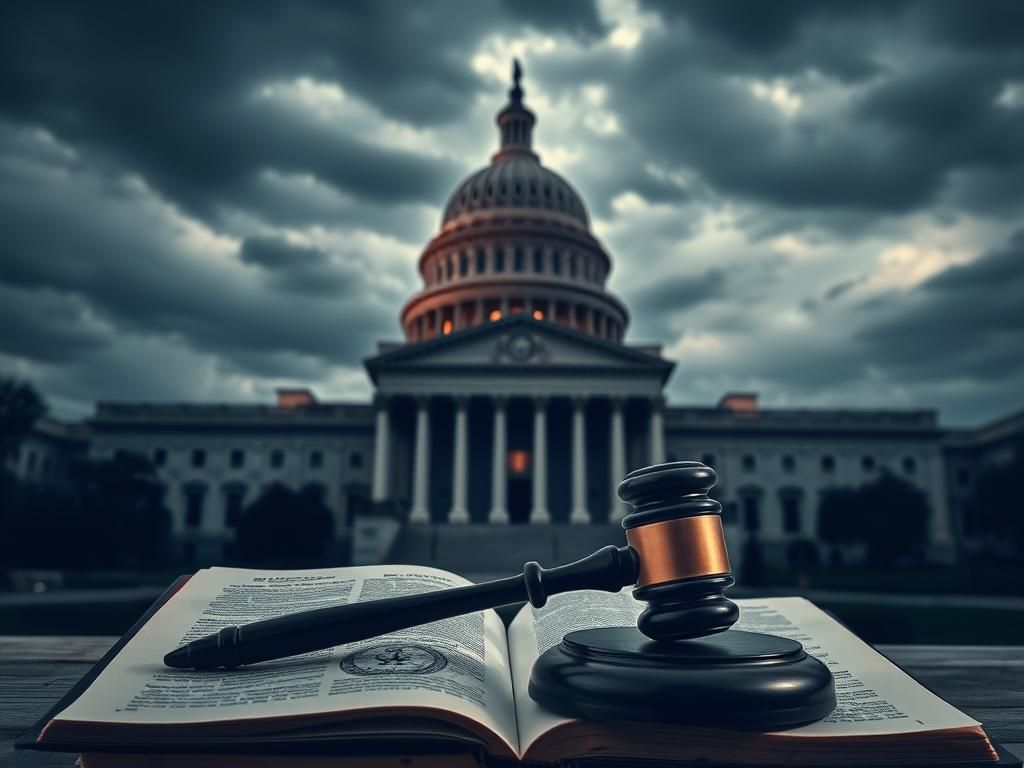 Flick International somber depiction of the U.S. Capitol under a cloudy sky with a gavel on a law book