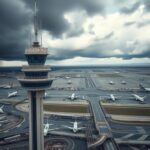 Flick International Aerial view of a busy airport control tower with chaotic air traffic below