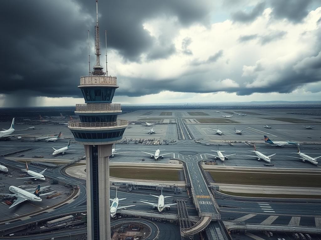 Flick International Aerial view of a busy airport control tower with chaotic air traffic below