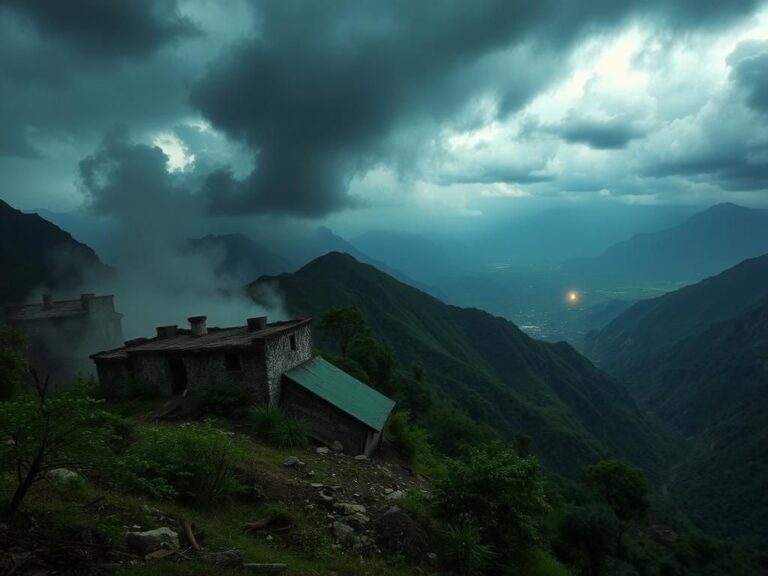 Flick International Dramatic mountainous landscape depicting the tense border between India and Pakistan with abandoned structures