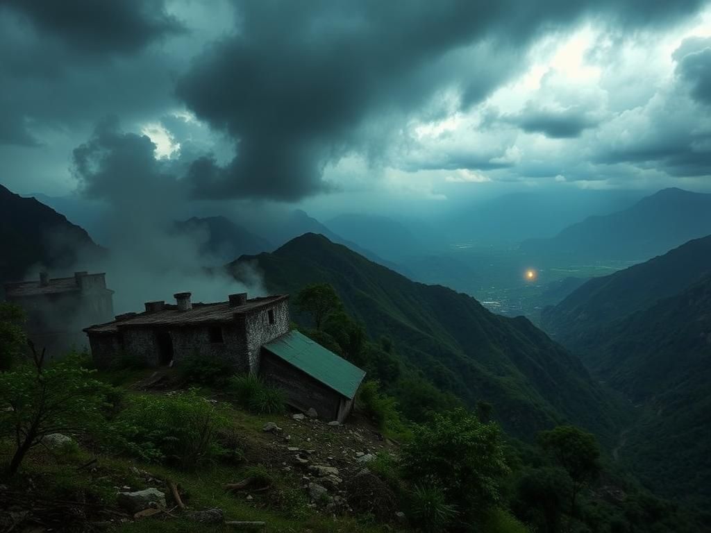 Flick International Dramatic mountainous landscape depicting the tense border between India and Pakistan with abandoned structures
