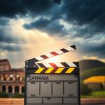 Flick International Vintage movie clapperboard in foreground with iconic film locations blurred in the background
