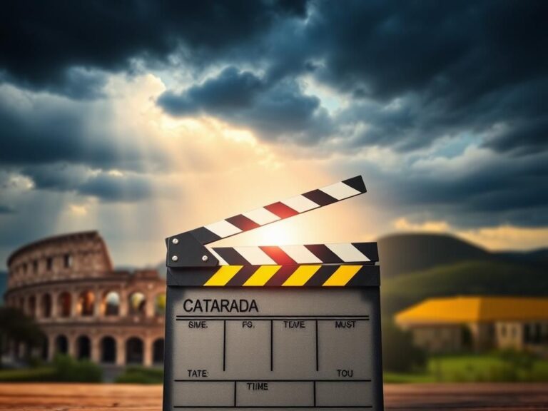 Flick International Vintage movie clapperboard in foreground with iconic film locations blurred in the background