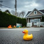 Flick International Abandoned daycare with a 'Closed' sign and faded rubber duck in Cape Cod