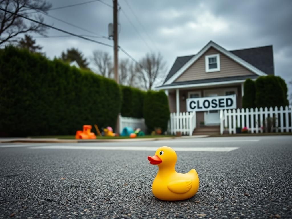 Flick International Abandoned daycare with a 'Closed' sign and faded rubber duck in Cape Cod