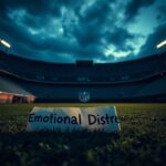 Flick International A dramatic close-up of an empty football stadium at twilight with a crumpled paper labeled 'Emotional Distress' on the field