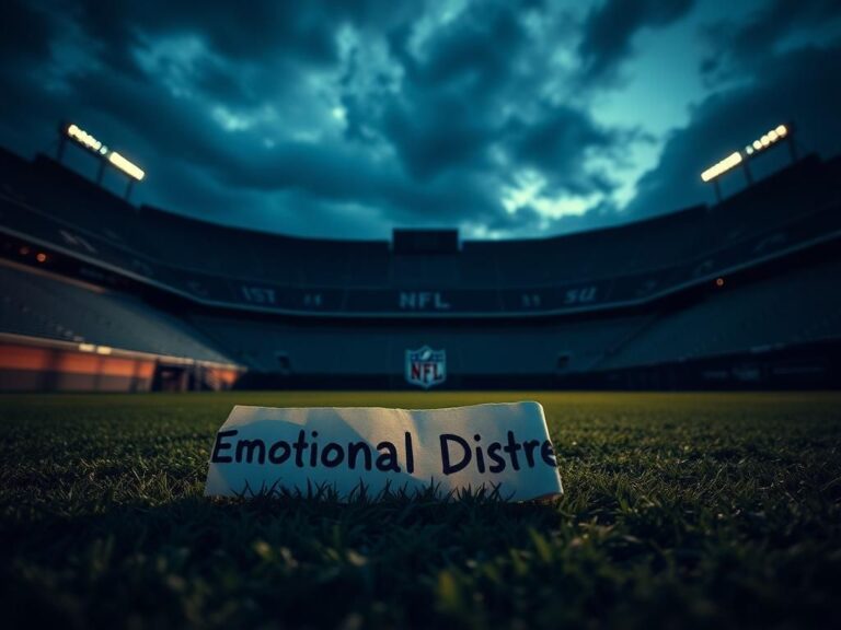 Flick International A dramatic close-up of an empty football stadium at twilight with a crumpled paper labeled 'Emotional Distress' on the field
