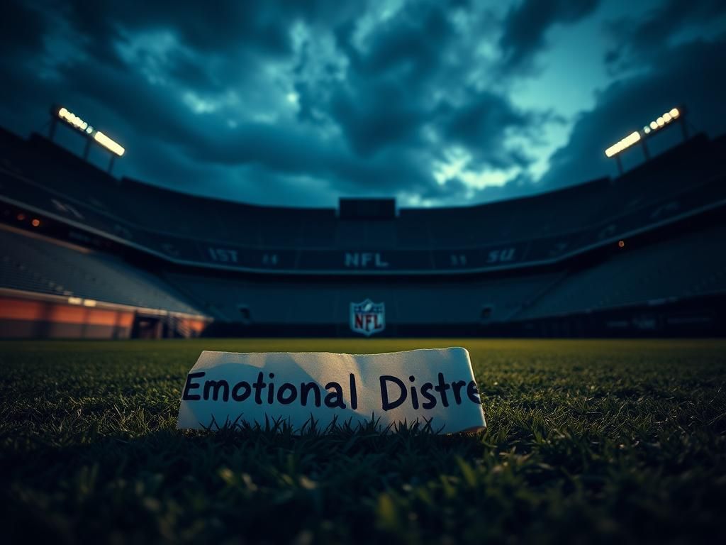 Flick International A dramatic close-up of an empty football stadium at twilight with a crumpled paper labeled 'Emotional Distress' on the field
