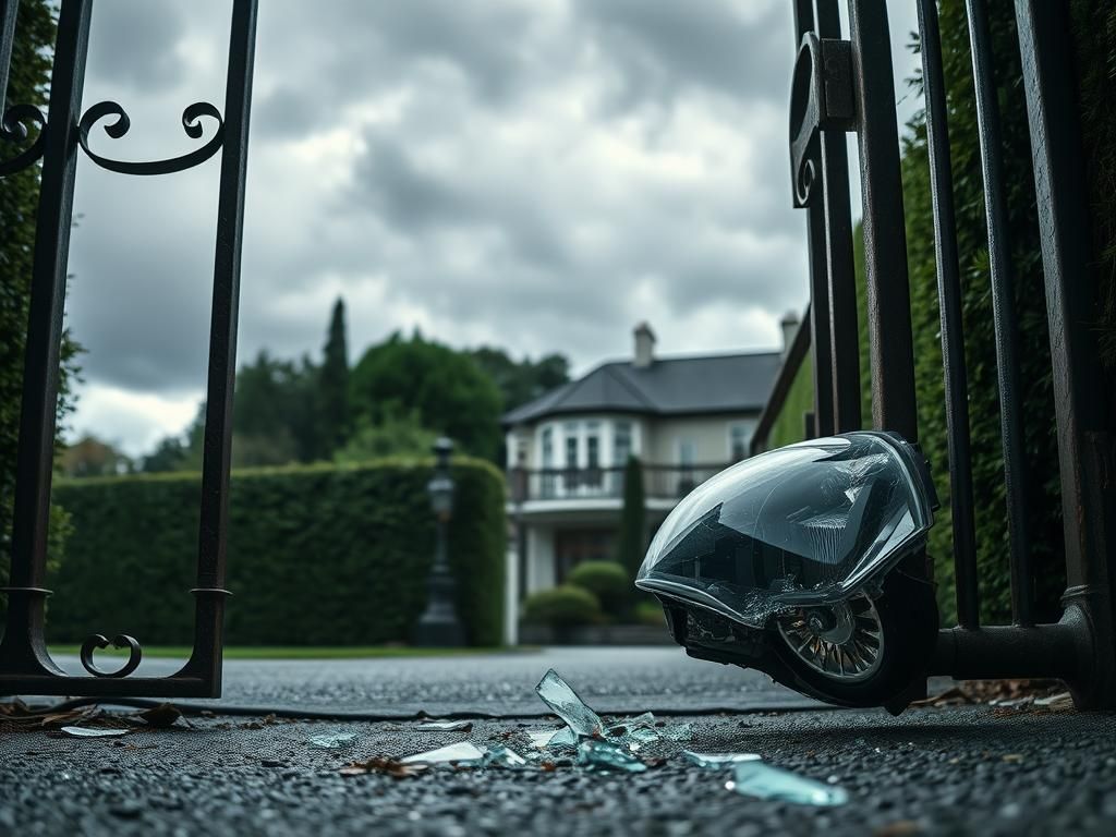 Flick International Close-up of a broken wrought-iron gate damaged by a car crash