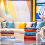 Flick International Cozy television studio set with elegant curved couch and vibrant backdrop