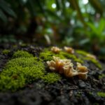 Flick International Close-up of dark soil with vibrant green moss and intricate fungal growths in a humid environment