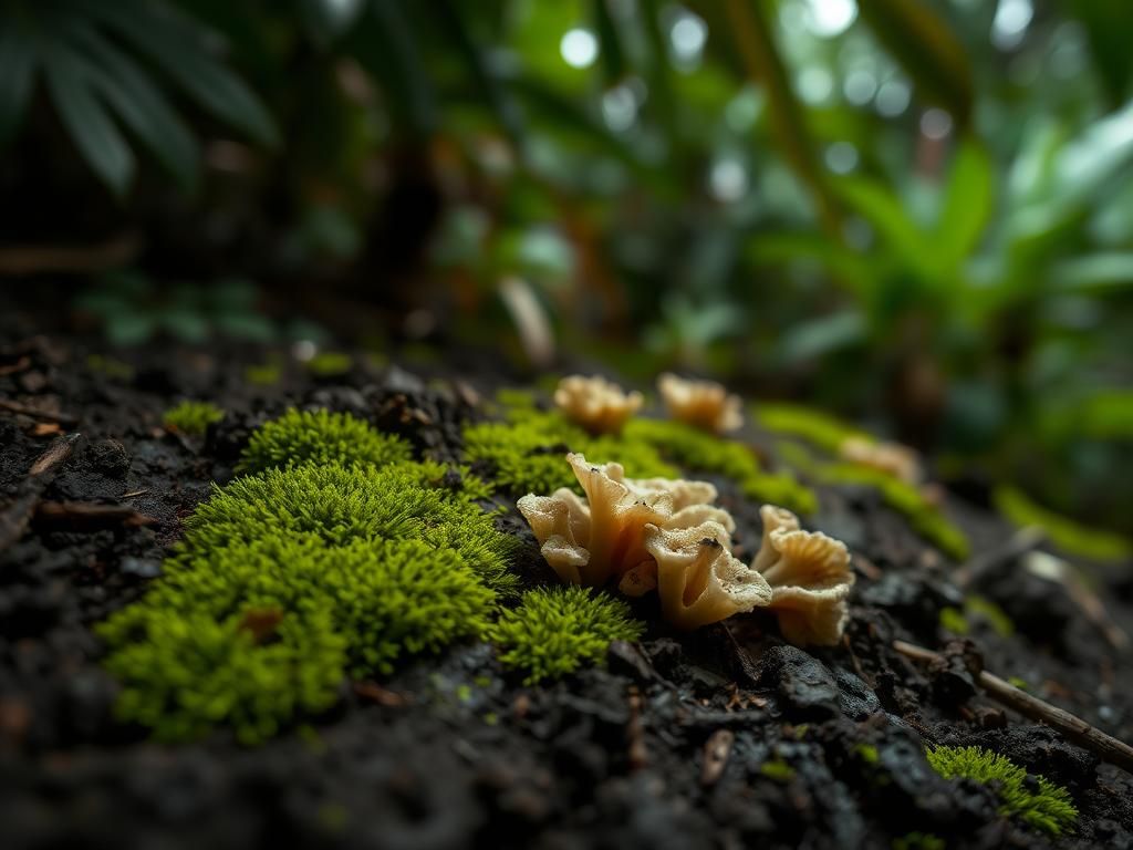Flick International Close-up of dark soil with vibrant green moss and intricate fungal growths in a humid environment