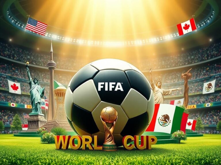 Flick International Large soccer ball at the center with iconic landmarks from the U.S., Canada, and Mexico in the background