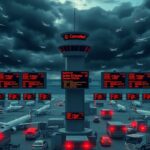 Flick International Newark Liberty International Airport scene showcasing chaos with delayed and cancelled flight screens