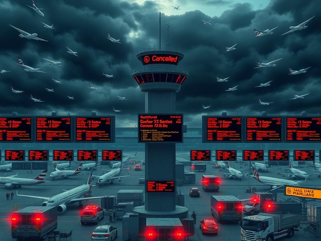 Flick International Newark Liberty International Airport scene showcasing chaos with delayed and cancelled flight screens