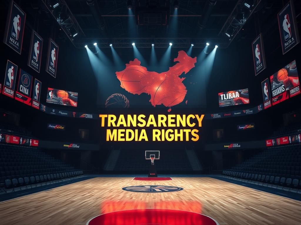 Flick International Dramatic basketball court with illuminated scoreboard highlighting transparency issues