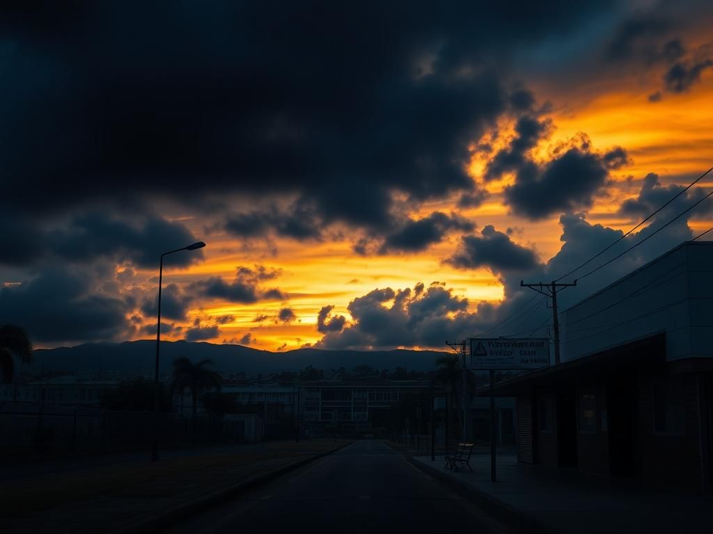 Flick International Dramatic sunset over Tegucigalpa's skyline amidst heavy clouds
