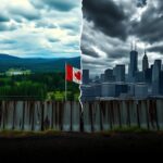 Flick International Split landscape showing contrasting serene Canadian wilderness and chaotic American city skyline, symbolizing tensions between Canada and the U.S.