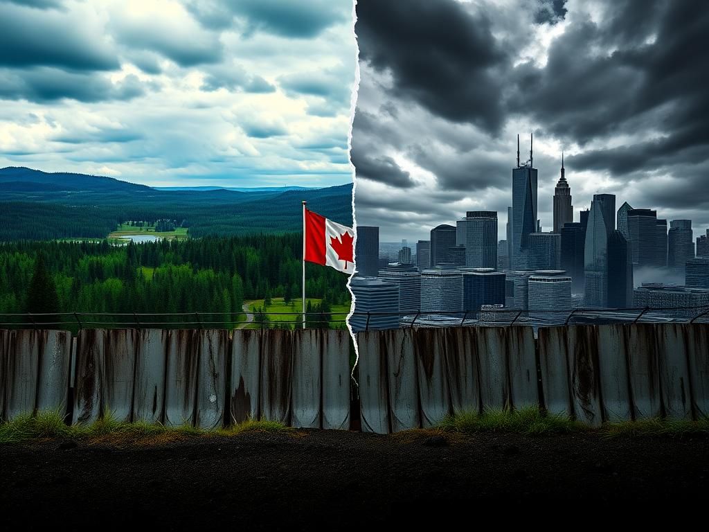 Flick International Split landscape showing contrasting serene Canadian wilderness and chaotic American city skyline, symbolizing tensions between Canada and the U.S.