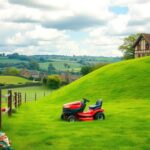 Flick International A bright red ride-on mower sits in a lush green lawn in the English countryside.