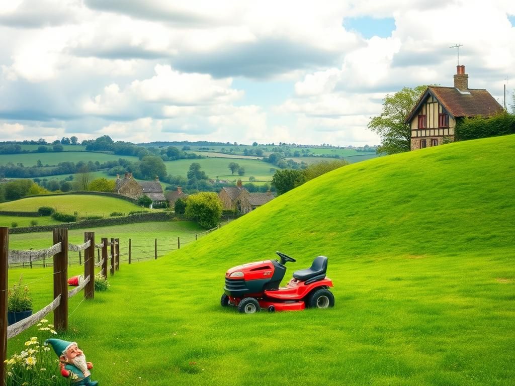 Flick International A bright red ride-on mower sits in a lush green lawn in the English countryside.