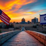 Flick International Panoramic view of Jerusalem skyline at sunset with U.S. and Israeli flags