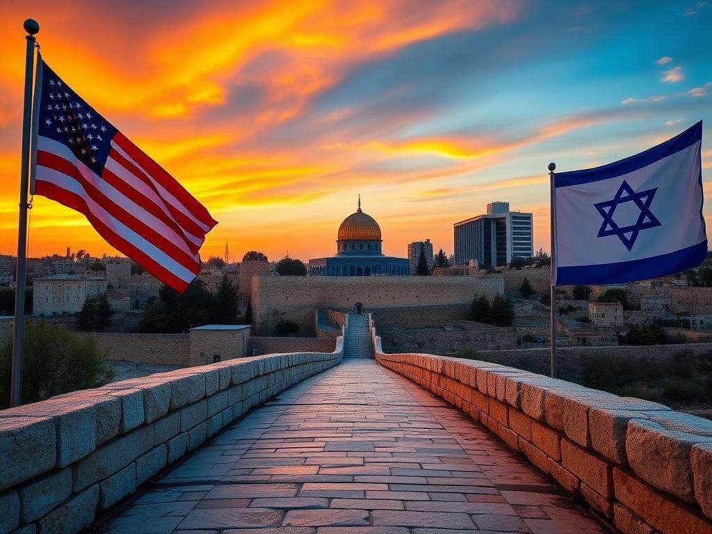 Flick International Panoramic view of Jerusalem skyline at sunset with U.S. and Israeli flags