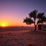 Flick International Serene desert landscape at dusk with a solitary olive tree and a crumbling structure