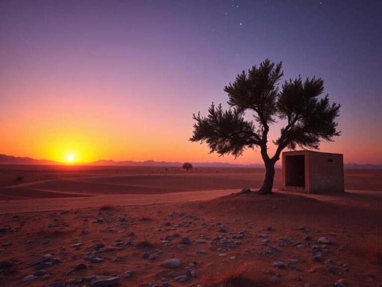 Flick International Serene desert landscape at dusk with a solitary olive tree and a crumbling structure