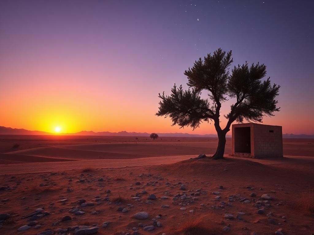 Flick International Serene desert landscape at dusk with a solitary olive tree and a crumbling structure