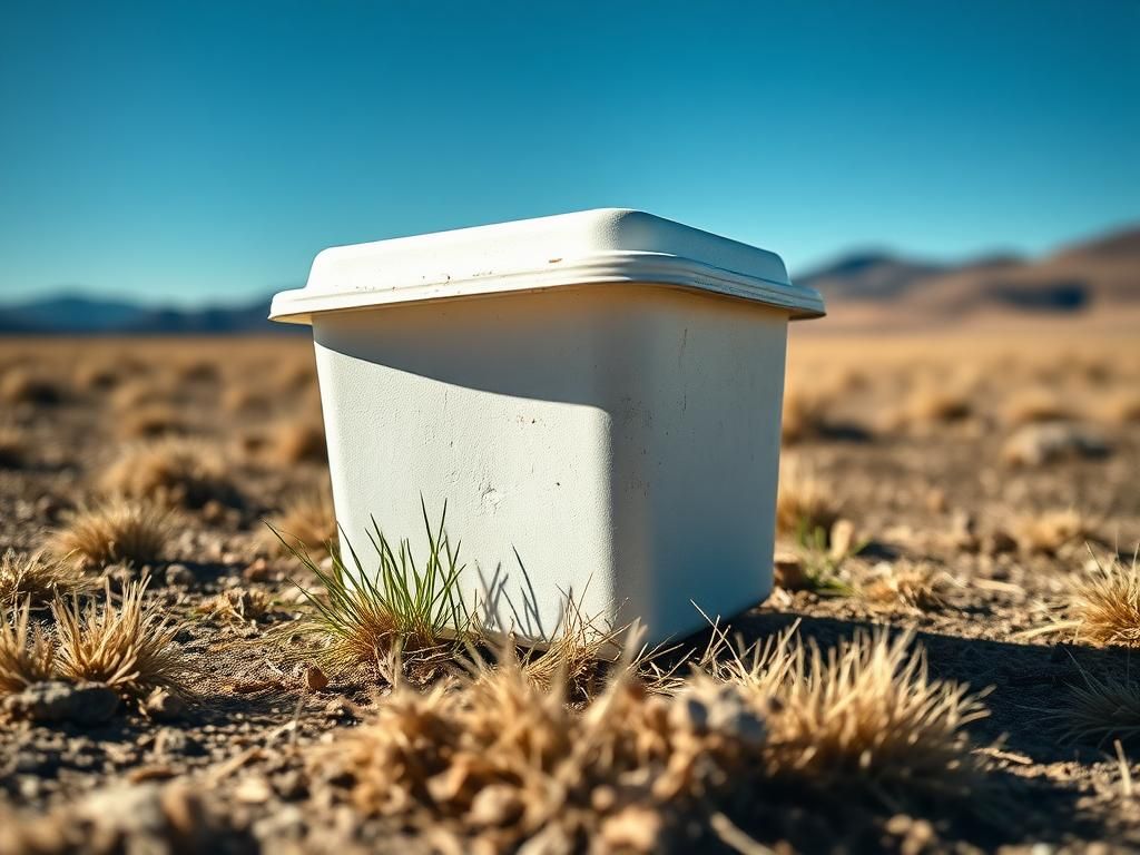 Flick International Close-up of a discarded Styrofoam container on a barren landscape in Montana