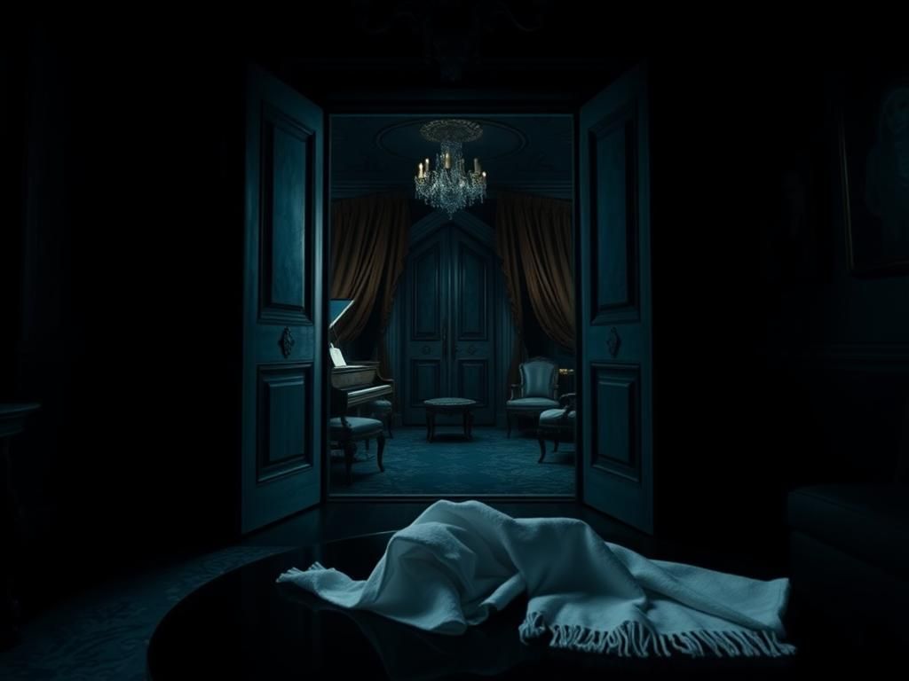 Flick International somber interior of a luxurious mansion reflecting themes of tension and unease