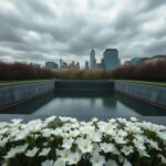 Flick International Somber scene of the World Trade Center Memorial featuring twin reflecting pools and white flowers