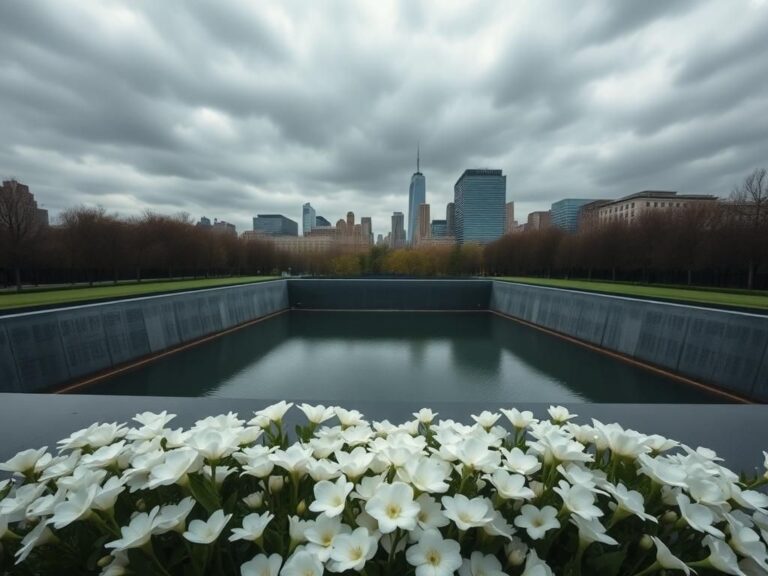 Flick International Somber scene of the World Trade Center Memorial featuring twin reflecting pools and white flowers