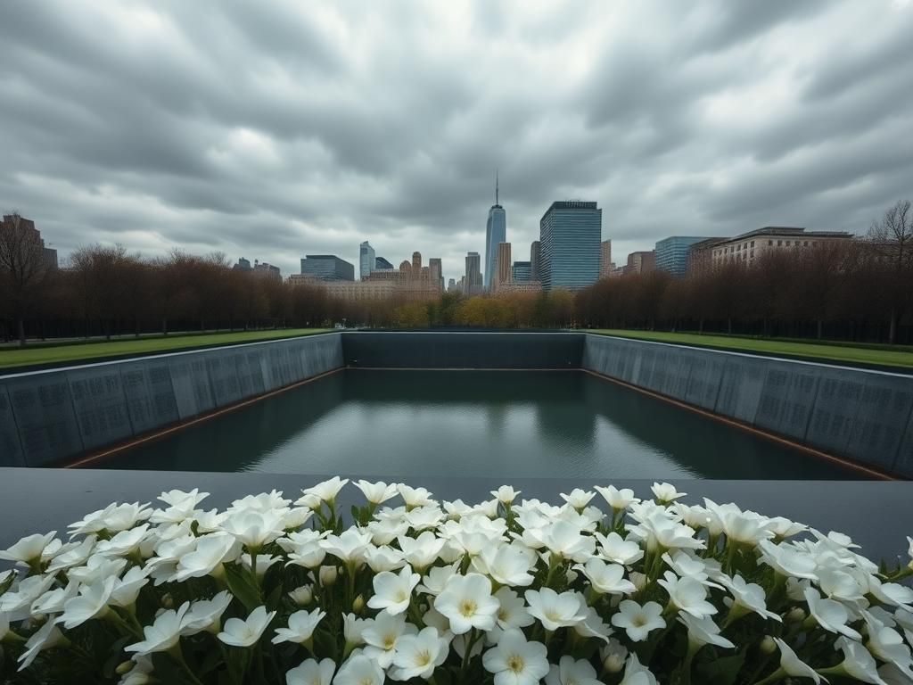 Flick International Somber scene of the World Trade Center Memorial featuring twin reflecting pools and white flowers