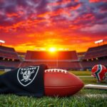 Flick International A sunset over a football stadium with a leather football resting on the turf, symbolizing Cam Miller's draft