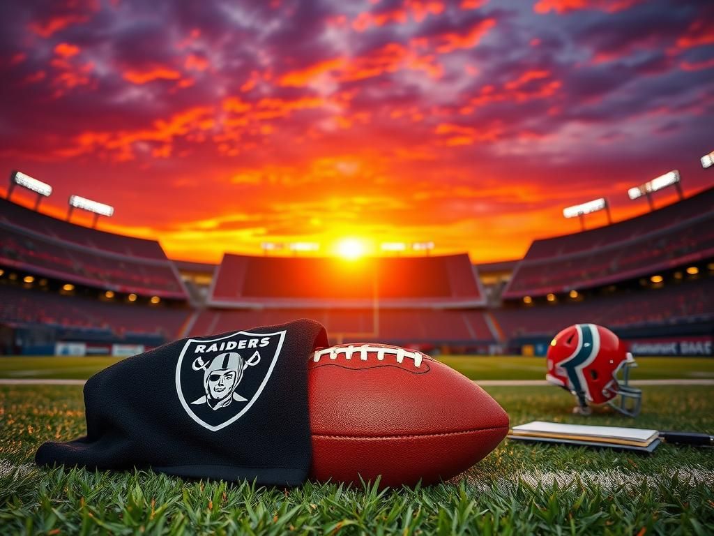 Flick International A sunset over a football stadium with a leather football resting on the turf, symbolizing Cam Miller's draft