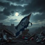Flick International A war-torn urban landscape featuring crumbling buildings, scattered belongings, and intertwined Israeli and Palestinian flags symbolizing the aftermath of conflict.