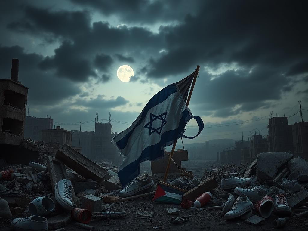 Flick International A war-torn urban landscape featuring crumbling buildings, scattered belongings, and intertwined Israeli and Palestinian flags symbolizing the aftermath of conflict.