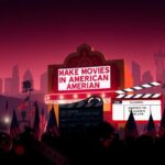 Flick International A classic American movie theater marquee promoting 'Make Movies in America Again' with film reels and clapperboard in the foreground