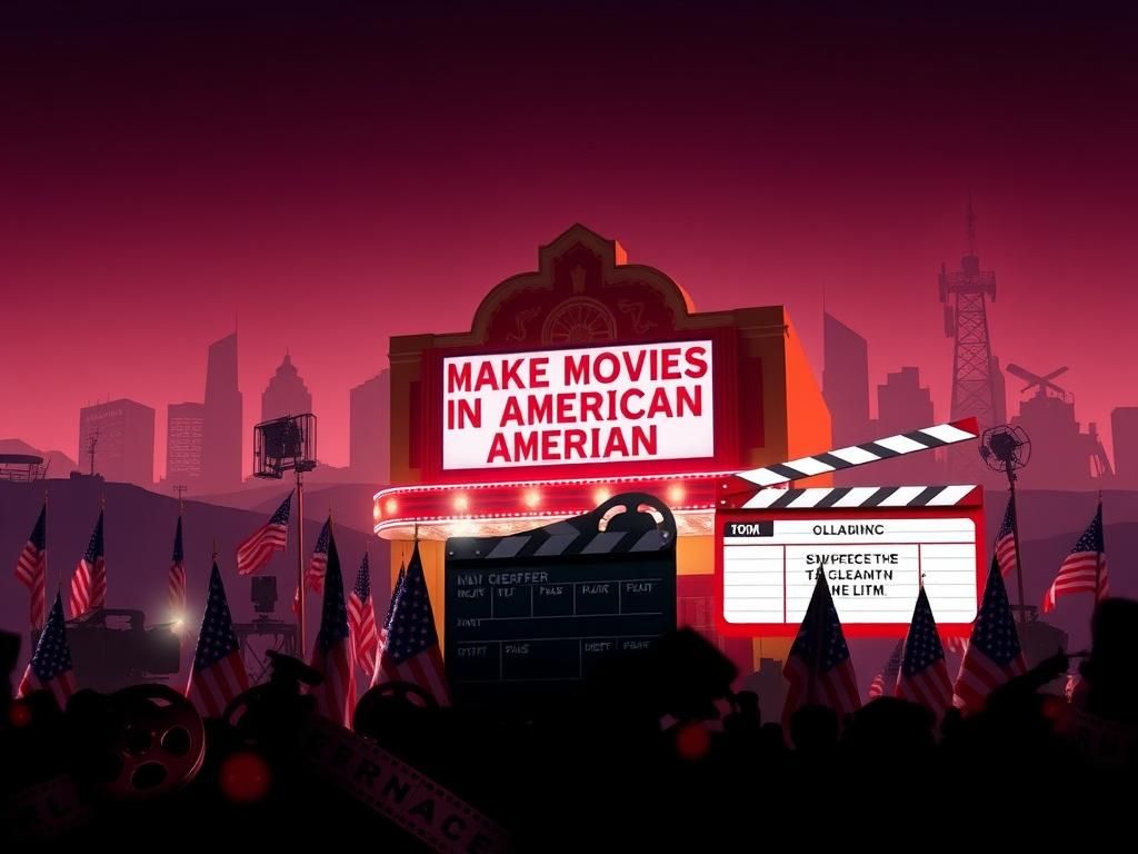 Flick International A classic American movie theater marquee promoting 'Make Movies in America Again' with film reels and clapperboard in the foreground