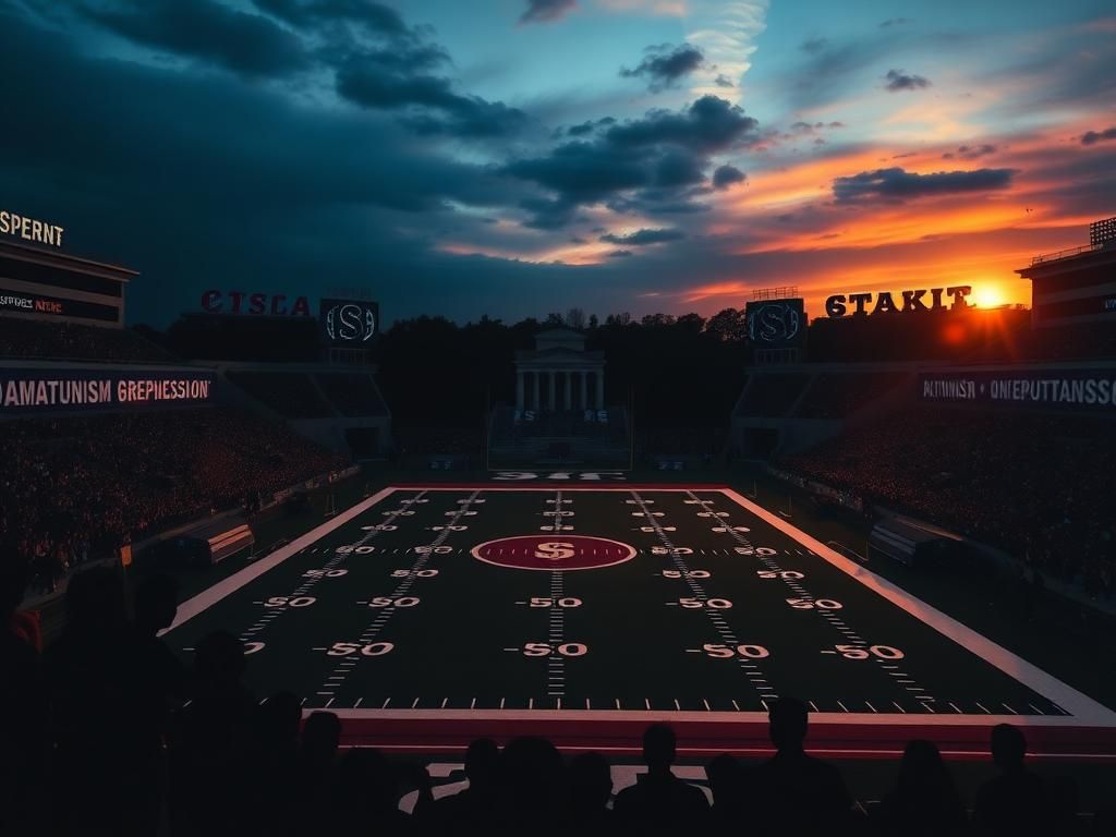 Flick International Dynamic sunset scene of a college football stadium with distinct yard lines and goalposts, devoid of players.