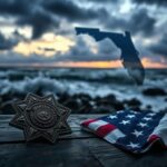 Flick International Dramatic coastal landscape at dusk with crashing waves and a police badge